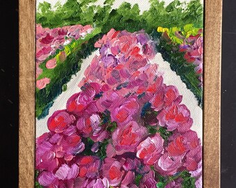 Framed Original Oil Painting on canvas, flower garden, flower farm, pink, peonies