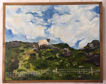 Framed Original Oil Painting on canvas, Irish landscape, sheep, European countryside, clouds, mountains, Impressionism