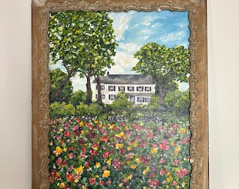 Original oil painting on canvas - floral, flowers, landscape, farmhouse, summer