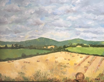 Landscape original oil painting, Northern Ireland, countryside, Impressionism, clouds
