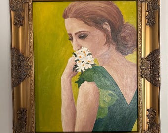 Woman with Flowers, Original Oil Portrait – 16x20 Impressionist Landscape on Canvas – by Alex Hartz
