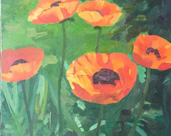 Original oil painting, garden landscape, flowers, poppies, canvas painting, impressionism