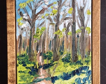 Framed Original Oil Painting on canvas, wooded scene, spring time, trails, trees
