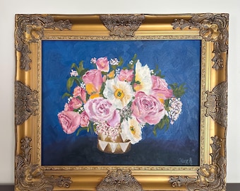 Floral Still Life Oil Painting – Impressionist Pink Roses, Blue Background 16x20