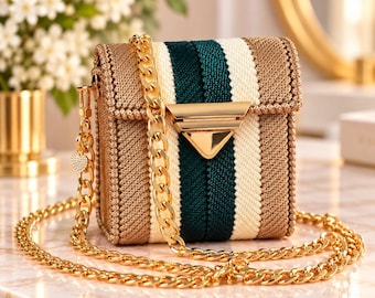 Handmade Crochet Crossbody Bag, Green and Beige Mini Purse, Elegant Woven Handbag, Unique Gift for Her