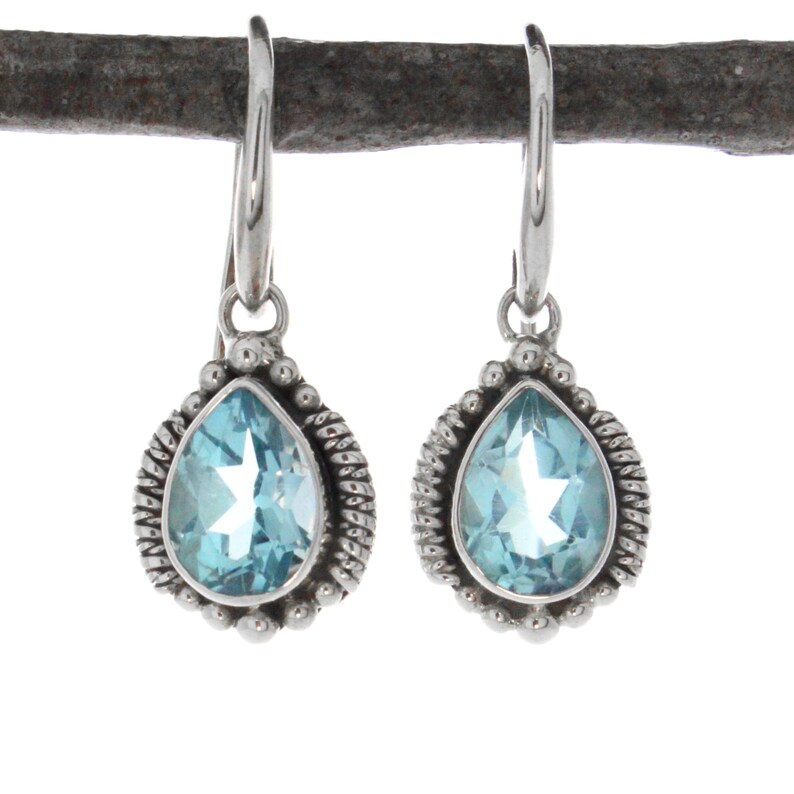 Silver Bali Earrings Sterling Silver Pear Shape Blue Topaz Drop Earrings December Birthstone Blue Topaz Earring Blue Topaz Earrings