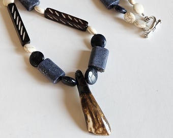 Artisan Ojibwe Bison Tooth Beaded Necklace | Unique Native American Jewelry | Bone, Wood, Feldspar Accents