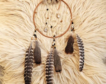Handcrafted Ojibwe Dreamcatcher | Wild Turkey Feathers, Coyote Fur & Deer Antler 10"