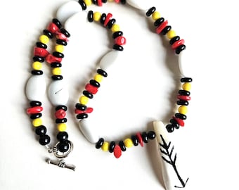 Painted Bison Tooth Ojibwe Necklace | Unique Native American Artistry, Cultural Statement | Coral, Stone and Glass accents