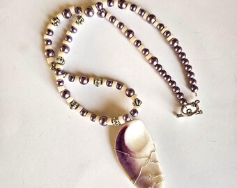 Wampum shell Ojibwe necklace with pearl and coral
