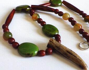 Unique Ojibwe Deer Antler Beaded Necklace | Handmade Native American Jewelry | Agate, Wood, Horn Accents