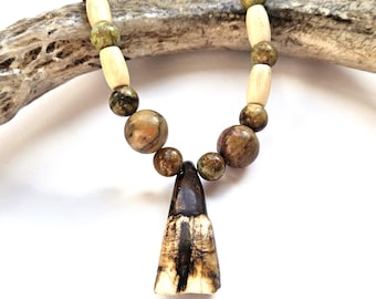 Bison Tooth Ojibwe Necklace | Unique Native American Artistry | Peacock Turquoise and Bamboo Accents