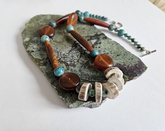Handcrafted Ojibwe Deer Antler Necklace | Authentic Native American Jewelry and Gifts | African Turquoise & Horn