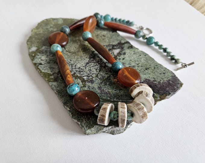Featured listing image: Handcrafted Ojibwe Deer Antler Necklace | Authentic Native American Jewelry and Gifts | African Turquoise & Horn