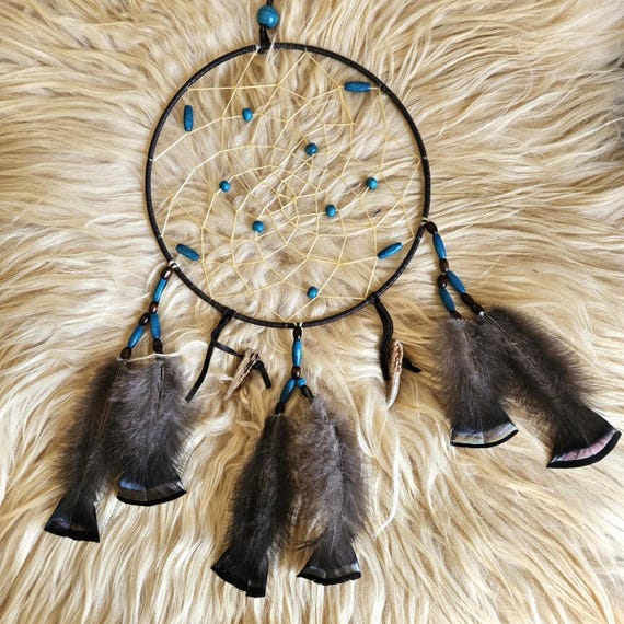 Ojibwe dreamcatcher with wild turkey feathers and deer antler accents 10"
