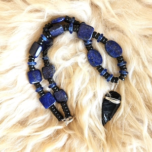 Ojibwe arrowhead, obsidian, blue sodalitie necklace, Native made jewelry