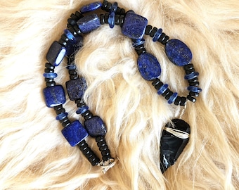 Obsidian arrowhead, blue sodalite necklace, Ojibwe made