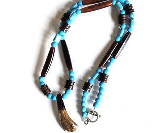 Bison Tooth Ojibwe Necklace | Unique Native American Artistry, Cultural Statement | Horn, Wood, Magnesite Accents