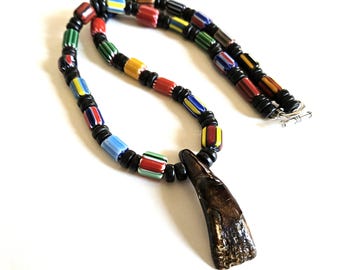 Bison Tooth Ojibwe Necklace | Unique Native American Artistry | Painted Porcelain and Wood Accents