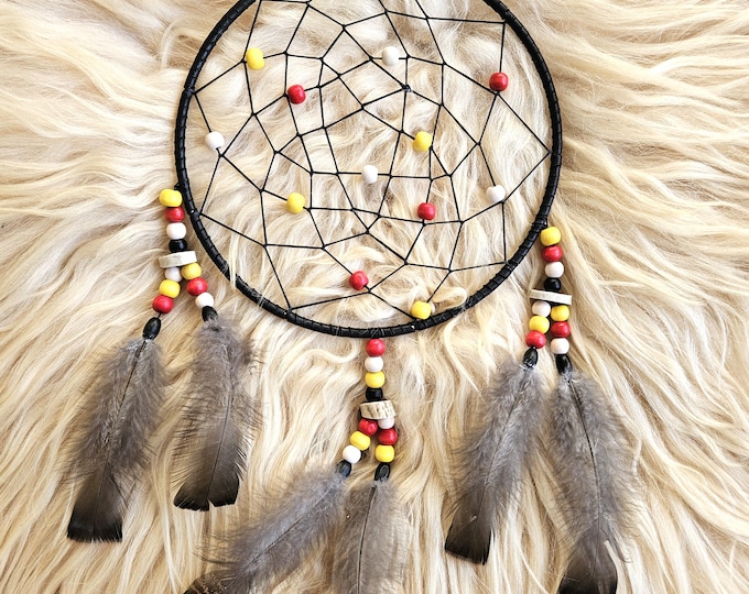 Featured listing image: Ojibwe Medicine Wheel Dreamcatcher | Antler & Wild Turkey Feather Wall Decor 8"