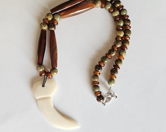 Bone claw pendant, horn and jasper Ojibwe beaded necklace