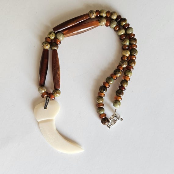Bone claw pendant, horn and jasper Ojibwe beaded necklace