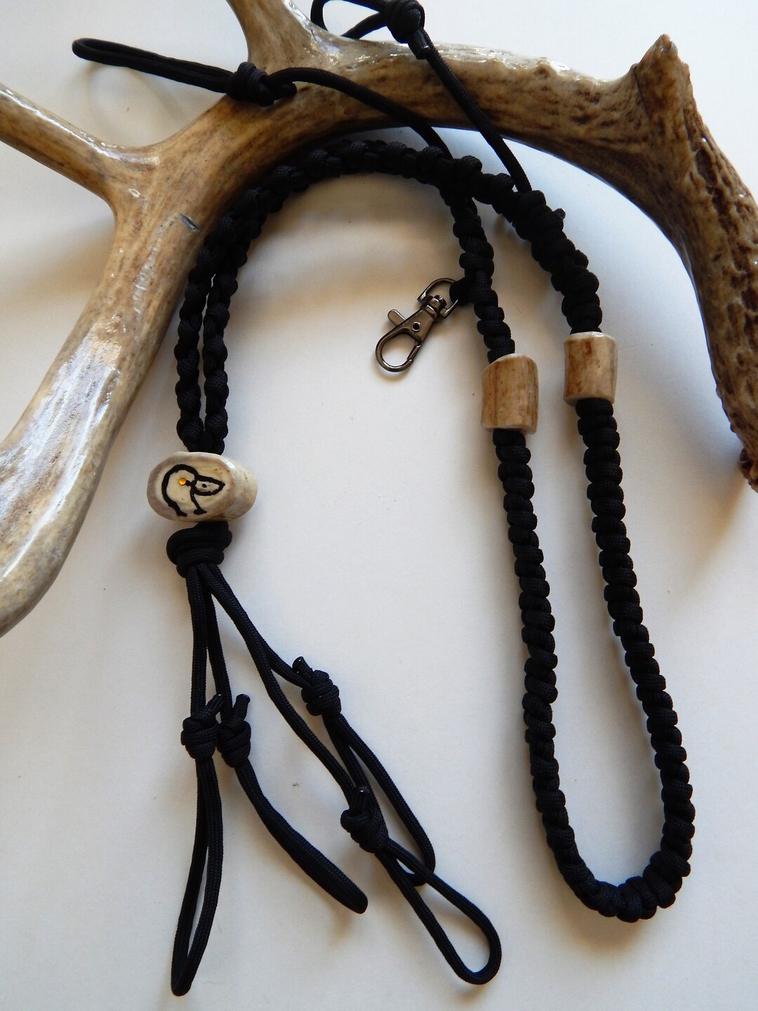 Hand Carved Duck Call Deer Antler Hunting Paracord Lanyard, Duck Head