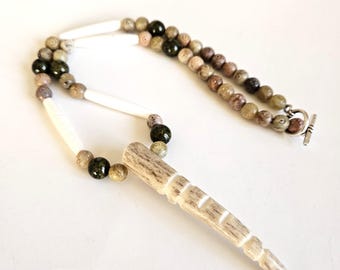 Handcrafted Ojibwe Deer Antler Necklace | Unique Native American Gift | Horn, Soapstone, Bone Accents