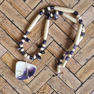 Wampum shell necklace, amethyst, bone, Native made jewelry, Ojibwe
