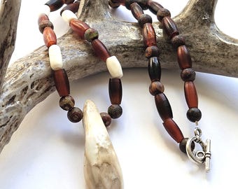 Artisan Ojibwe Bison Tooth Beaded Necklace | Unique Native American Jewelry | Horn, Bone and Stone Accents