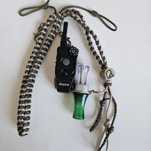 Hand carved duck call deer antler hunting paracord lanyard, duck head outline, tan, camo green, 6 calls, 2 accessory clips, hunting gift