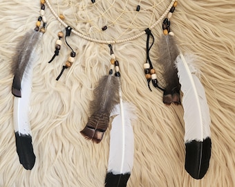 Handcrafted Ojibwe Dreamcatcher | Imitation Eagle & Wild Turkey Feathers 12"