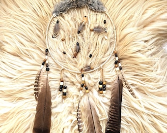 Rabbit Fur Handcrafted Ojibwe Dreamcatcher | Wild Turkey, Pheasant Feathers 10"