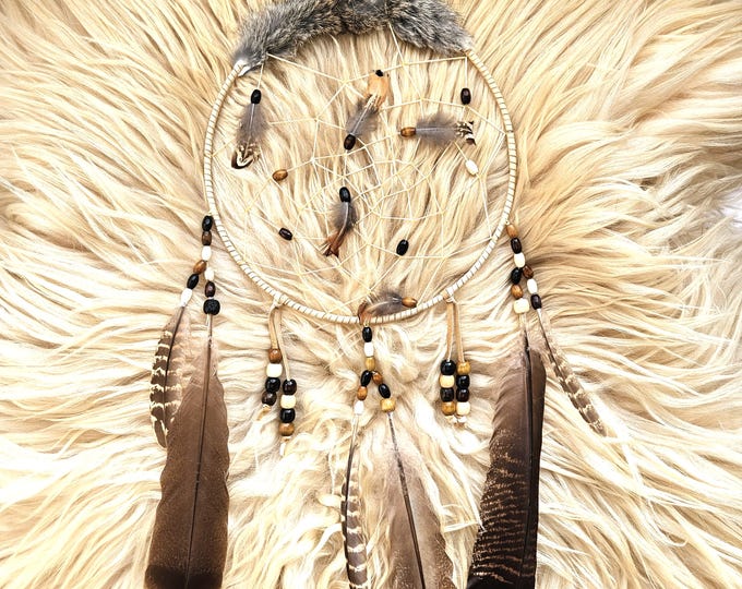 Featured listing image: Rabbit Fur Handcrafted Ojibwe Dreamcatcher | Wild Turkey, Pheasant Feathers 10"