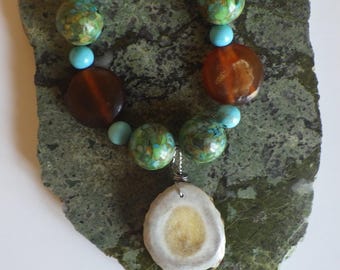 Ojibwe deer antler pendant, turquoise, horn, beaded necklace, Native American gift