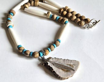 Ojibwe-Made Deer Antler Pendant Necklace | Unique Native American Artisan Jewelry | Bone, crazy lace jasper accents