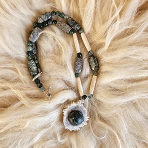 Ojibwe deer antler pendant, moss agate beaded necklace
