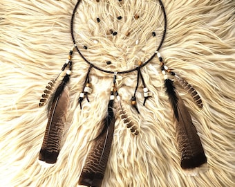 Handcrafted Ojibwe Dreamcatcher | Wild Turkey Feathers & Deer Antler 10"