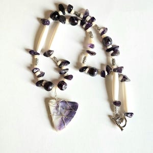 Wampum shell necklace, amethyst, bone, Native made jewelry, Ojibwe
