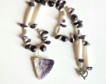 Wampum shell Ojibwe necklace with amethyst and bone