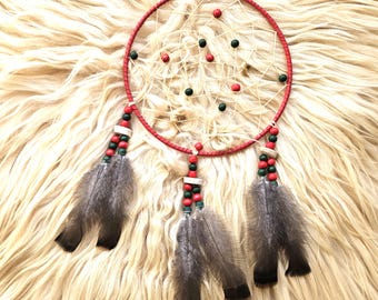 Holiday Handcrafted Ojibwe Dreamcatcher | Wild Turkey Feathers & Deer Antler 8"