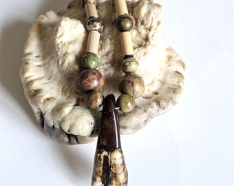 Bison Tooth Ojibwe Necklace | Unique Native American Artistry | Peacock Turquoise and Bamboo Accents