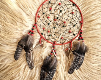 Holiday dreamcatcher: Deer Antler, Wild Turkey Feathers, 10" Leather Hoop, Ojibwe Made