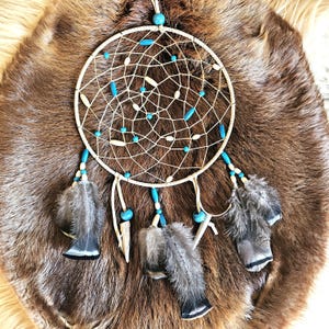 Ojibwe, antler, turquoise, dreamcatcher, wild turkey feathers, Native made, 10-inch leather hoop, Rustic wall hanging, handmade