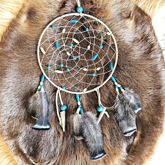 Ojibwe dreamcatcher with antler accents and wild turkey feathers 10"