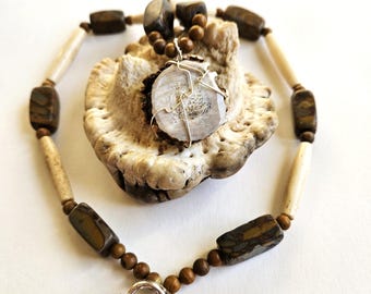 Ojibwe-Made Deer Antler Pendant Necklace | Unique Native American Artisan Jewelry | Chrysanthemum and Bone Accents