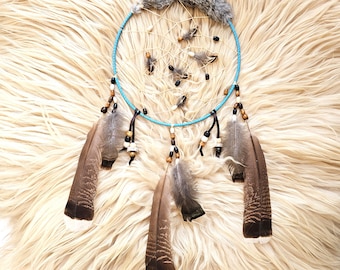 Handcrafted Ojibwe Dreamcatcher | Wild Turkey, Pheasant Feathers, Rabbit Fur & Deer Antler 10"