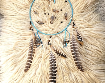 Handcrafted Ojibwe Turquoise Dreamcatcher | Wild Turkey, Pheasant Feathers & Deer Antler 12"
