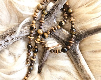 Ojibwe-Made Deer Antler Jewelry | Unique Native American Artisan Necklace | Tiger's eye, chrysanthemum, bone accents