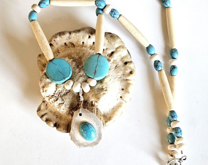 Featured listing image: Ojibwe-Made Deer Antler Pendant Necklace | Unique Native American Artisan Jewelry | Bone, Chalk Turquoise Accents